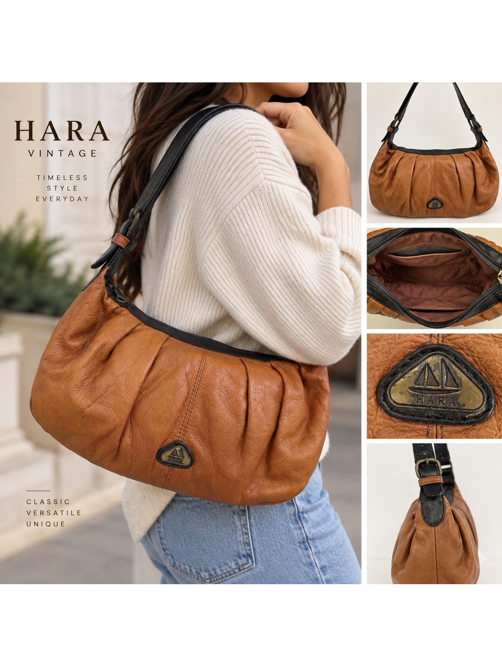 HARA Vintage Brown Faux Leather Pleated Shoulder Bag Black Strap Y2K